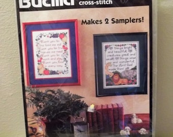 Vintage Bucilla 1995 "Grace's Sampler Pair" Stamped Cross Stitch Kit-#64387-Makes 2 Samplers 8x10"