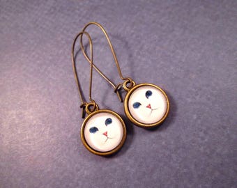 White Cat Earrings, Glass Cabochon Earrings, Brass Dangle Earrings, FREE Shipping U.S.