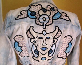 XS egyptian OOAK embroidery design bolero denim jacket.