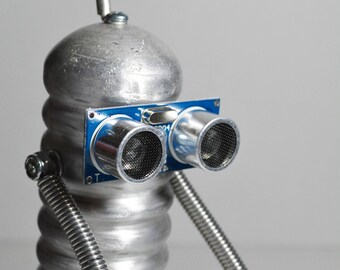 bot robot assemblage recycled fishing float steampunk art sculpture figure man unique OOAK recycled parts watch desk office gift