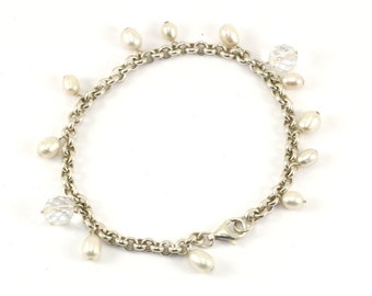 Vintage Rolo Chain Mother Of Pearl Crystal Bracelet 925 Sterling BR 1657