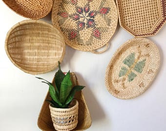 Woven wicker wall hanging baskets, assorted basket decor