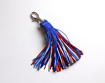 Leather Tassel, Leather keychain, Red, Blue, White
