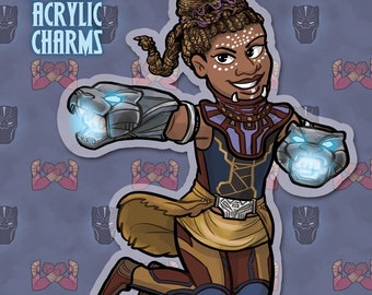 Black Panther Shuri double sided acrylic charm keychain with Wakanda communication charm bead