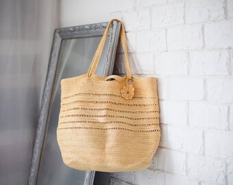 Large Beach Bag, Summer Yellow Tote, Plarn Bag, Crochet Handbag, Boho Sac, Rustic Purse, Upsysled Bag, Plarn Bag