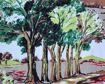 Vintage 50s Barkcloth Fabric 1950s Mid Century Markwood Rural Tree Lined Winding Hills Country Road