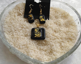 Black & Gold Dichroic Jewelry Set-Dichroic Jewelry Sets-Black and Gold Jewelry-Dichroic Jewelry Sets
