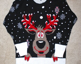 Ugly CHRisTMAS Sweater . Vintage Tacky Holiday Pullover Black Sweater with GOOFY Reindeer and Real Red Jingle Bells . Size Small Medium