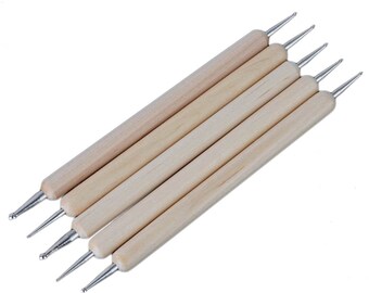Pack of 5 Wooden Marbling, Dotting and Decorating Tools. Double Ended Rods. 10 Different Sizes. 13cm Long. For Nail Art and Rhinestone