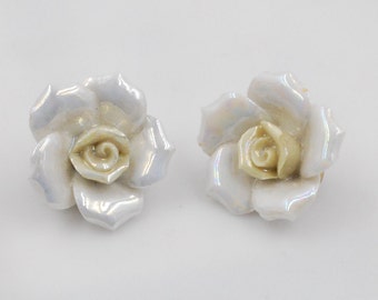 Glass White Enamel Rose Petal Clip On Vintage Earrings