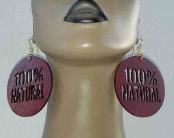 Beautiful Burgundy Painted Wooden Earrings Embellished with the message 100% Natural, Round Earrings