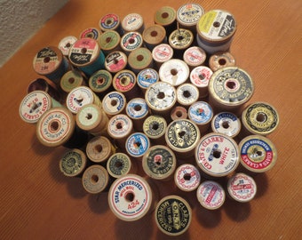 Lot of 55 Wooden Spools of Thread / Lot of Thread Spools / with and without thread / Different sizes