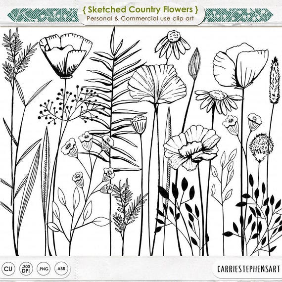 Long Stem Flower Line Art Sketched Flower Digital Stamps