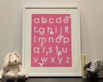 Alphabet A3 screenprint in blue or pink with cute animal characters – Limited edition