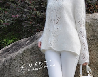 Tunic made of mohair with leaves pattern,white mohair sweater,sweater to order,made to order