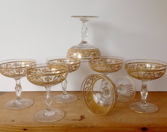 Antique Baccarat Crystal Coupe Champagne Gold Encrusted Bubble Stem Set of 7 Excellent