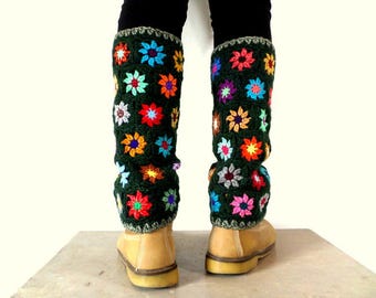 Crochet - green and multicolor wool spats