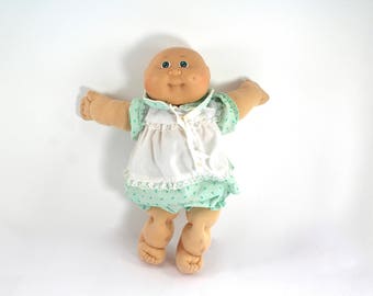 Vintage 1984 Cabbage Patch Kid Preemie baby girl - green eyes, dimple, clothes, dress, Coleco, 1980s toys, 80s dolls
