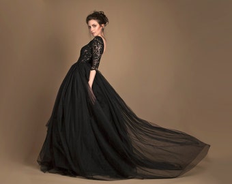 Black wedding gown in tulle, sequined black wedding dress, open back wedding dress, black bridal gown, red carpet dress, black evening gown