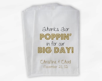 Thanks For Poppin In Popcorn Bags - Black and Gold Custom Candy Buffet Favor Bags for Wedding, Birthday, Shower - Paper Treat Bags (0113)