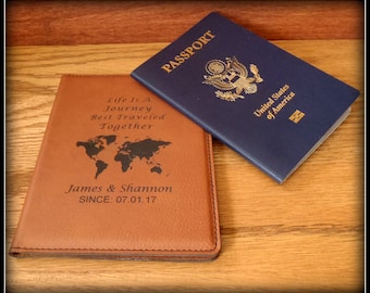 World Map Passport Cover, Faux Leather, Personalized Passport Holder, Custom Travel Case Holder, Bride, Groom Gift, Anniversary, Christmas