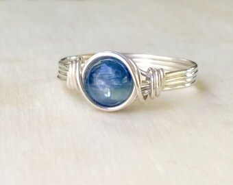 Blue Kyanite ring, Silver wire wrapped kyanite ring, Kyanite wire wrapped ring, Gemstone Ring