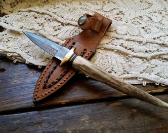 Double Edged Boot Knife, with Hand Forged Damascus Steel Blade, Stag Tip Point Handle, Brown Leather Belt Sheath, Brass Guard