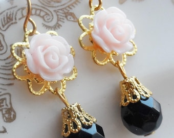 75% Off Price Sale, Pink Rose Flower, Gold Tone Filigree, Black Czech Glass Bead