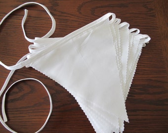 Garland Bunting Pennants Flags 20 feet White cotton bunting, single layer with pinked, zig-zag edges on white strand for weddings, showers