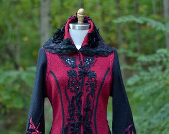 Long sweater COAT, OOAK boho arttowear, Victorian fantasy fairy tale clothing, patchwork Festival altered couture. Size L/XL. Ready to ship