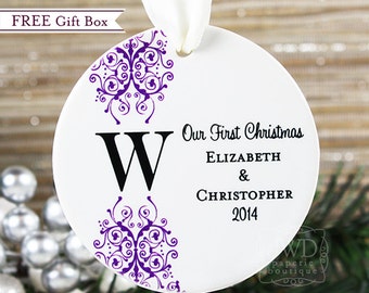 Our First Christmas Ornament Personalized Monogrammed Wedding Gift Mr and Mrs Ornament - Brandywine Pattern - Item# BWM-1X-O - FREE Gift Box