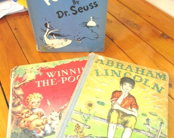 Vintage Hardcover Book Lot/McElligot's Pool by Dr Suess/Winnie the Pooh by AA Milne/Abraham Lincoln by Ingri and Edgar Parin D'aulaire