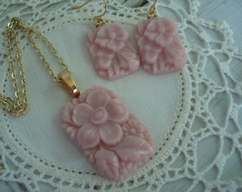 Vintage 1920's Opaque Pink Glass Gold Earrings Matching Necklace Bohemian Gablonz Floral Angelskin Demi Parure