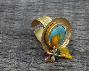 Turquoise Ring, Gold Plated, Stone Ring, Bohemian Jewelry -Tribal jewelry ,Adjustable Size