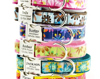 Flower Power Personalized Dog Collar, adjustable, with Custom Laser Engraved Pet ID, Perfect for Large Dog, Small Dog, Girl Dog