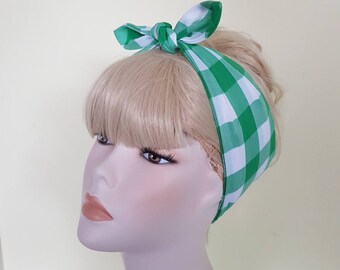 green gingham bandana, rockabilly pin up psychobilly hairband headband