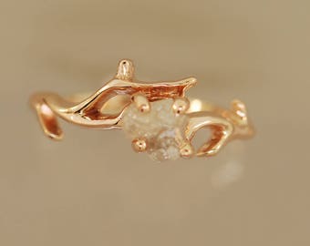 Raw diamond engagement ring, 14k rose gold diamond ring, twig engagement ring, twig engagement set,