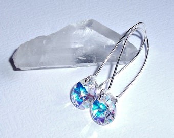 Swarovski Crystal Dangle Earrings in Clear AB, Aurora Borealis, Bridal Earrings, Wedding Jewelry, Bridesmaid Earrings, Minimalist Earrings