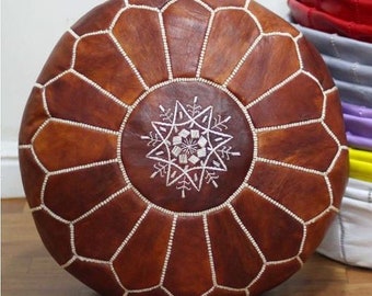 PREMIUM Genuine Leather Moroccan Pouf Pouffe - COGNAC