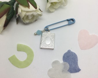 Absent friends - Bridal good luck locket pin. Something blue for bride on her wedding day. Memory pin.