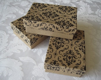 10 Gift Boxes, Jewelry Gift Boxes, Kraft Boxes, Damask Print, Black Damask, Wedding Favor Boxes, Bridesmaid Gift Box, Cotton Filled 3x2x1