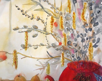 contemporary art, large watercolor, original art, still life, pussy willow, gray red.
