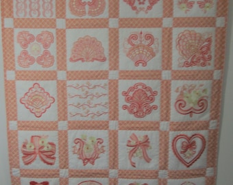 Machine Embroidered Baby Quilt, Crib Quilt, Baby Blanket, Handmade Baby Quilt - Blushing Impressions - approx 34" x 42"