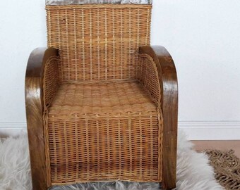 Vintage Rattan Chair for Kids with Teakwood