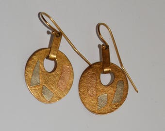 14k Yellow Gold Unique Vge Hand Wrought Modernist Earrings.