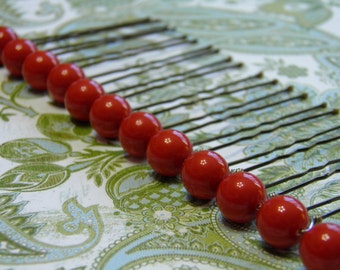 12 Coral Red 10mm Swarovski Crystal Pearl Hair Pins