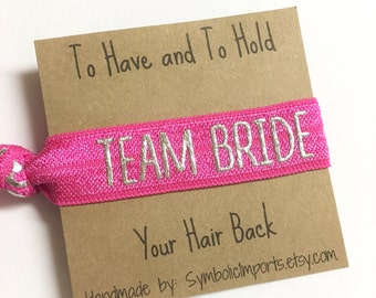 Metallic Silver & Hot Pink Team Bride Hair Tie - Bridesmaid Hair Tie Favor - Bachelorette Party Favor - Elastic Hair Tie Bracelet