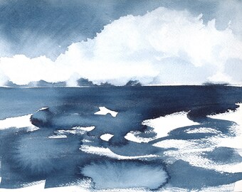 November 1st, Original Abstract Waterscape Painting, Watercolour, Indigo Blue