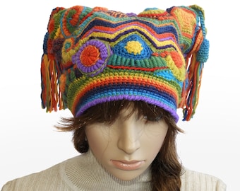 Crochet Beanie, Harlequin Hat, Jester Beanie, Freeform Crochet Multi colour Rainbow OOAK crochet hat with Tassels