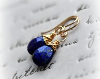Lapis Lazuli Earrings, Lapis Drop Earrings, Small Lapis Lazuli Dangle Earrings Gold, Blue Lapis Earrings, Gift for Her handmade by Blissaria
